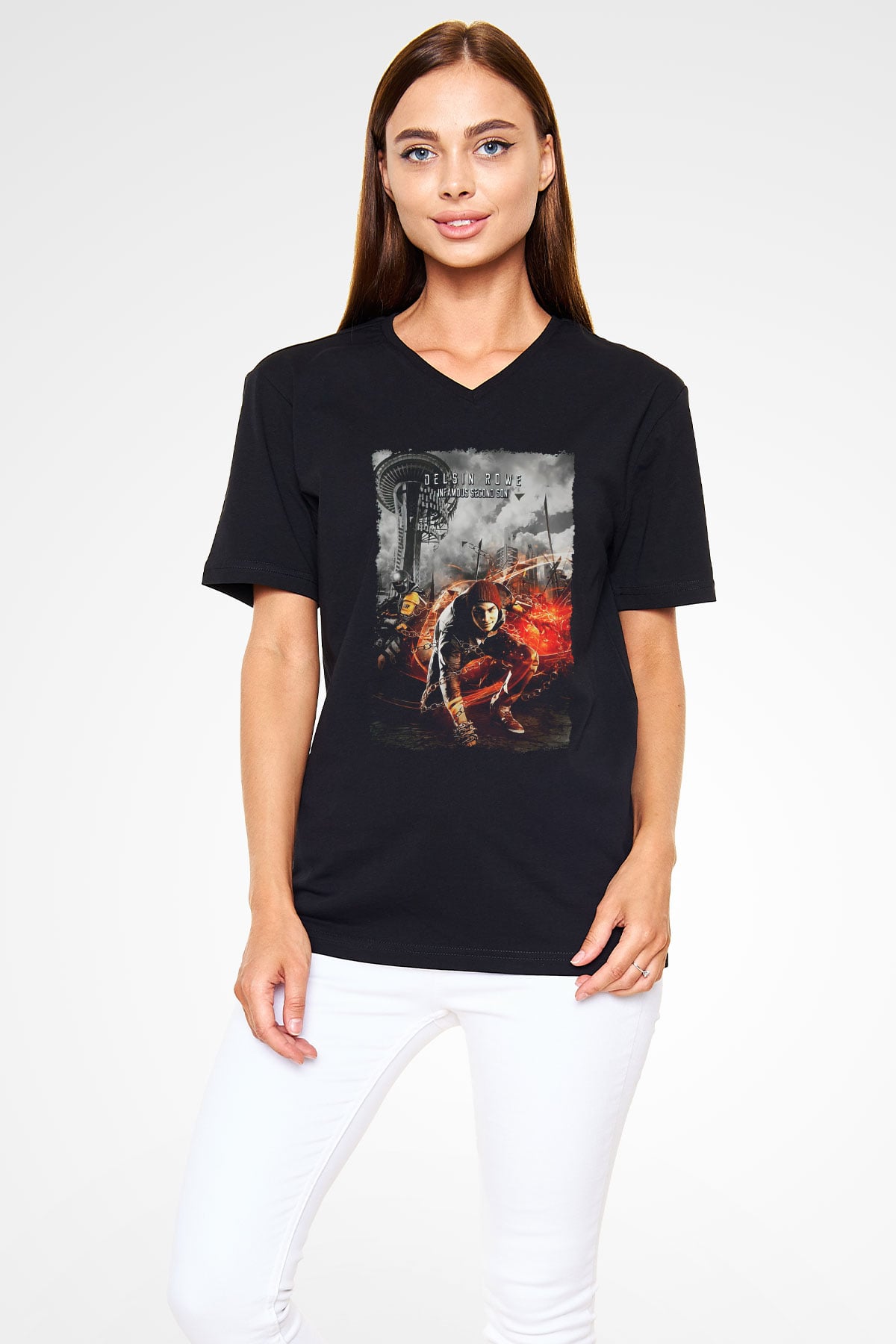 Infamous Siyah Unisex V Yaka Tişört