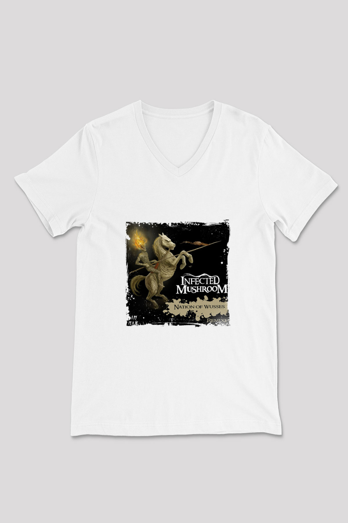 Infected Mushroom Baskılı Beyaz V Yaka Unisex Tişört