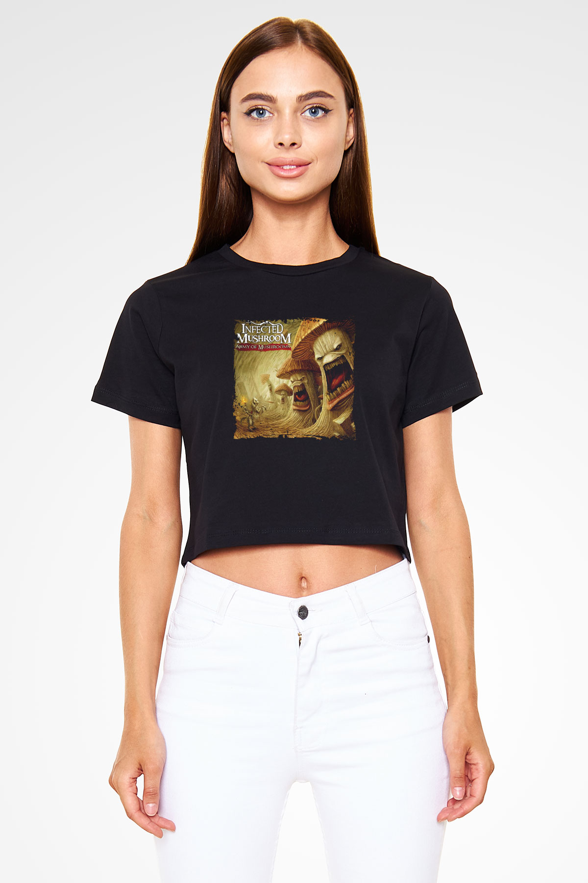 Infected Mushroom Baskılı Crop Top Siyah Kadın Tişört