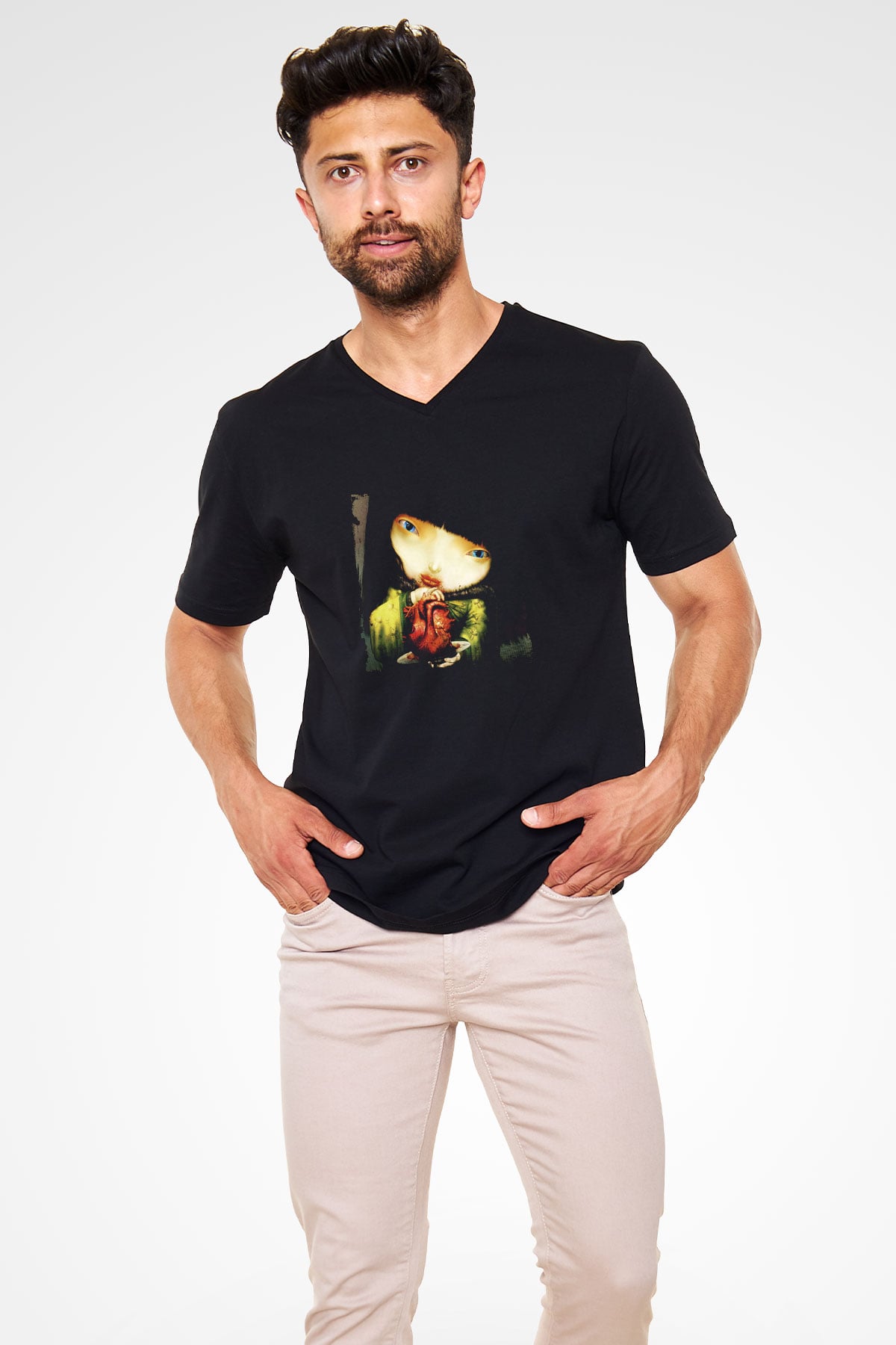 Infected Mushroom Baskılı Unisex Siyah V Yaka Tişört