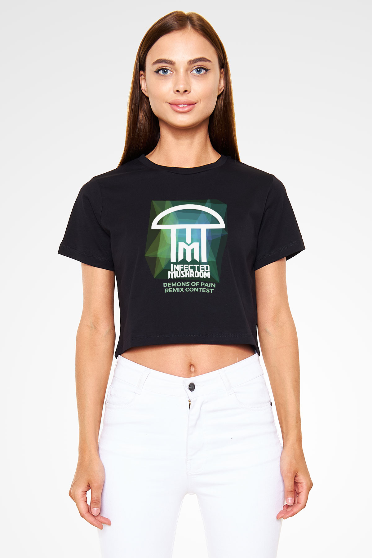 Infected Mushroom Siyah Crop Top Tişört