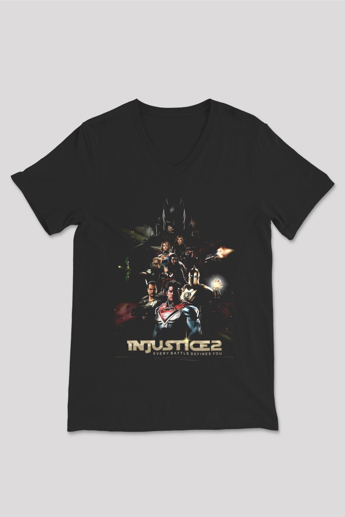 Injustice 2 Siyah Unisex V Yaka Tişört