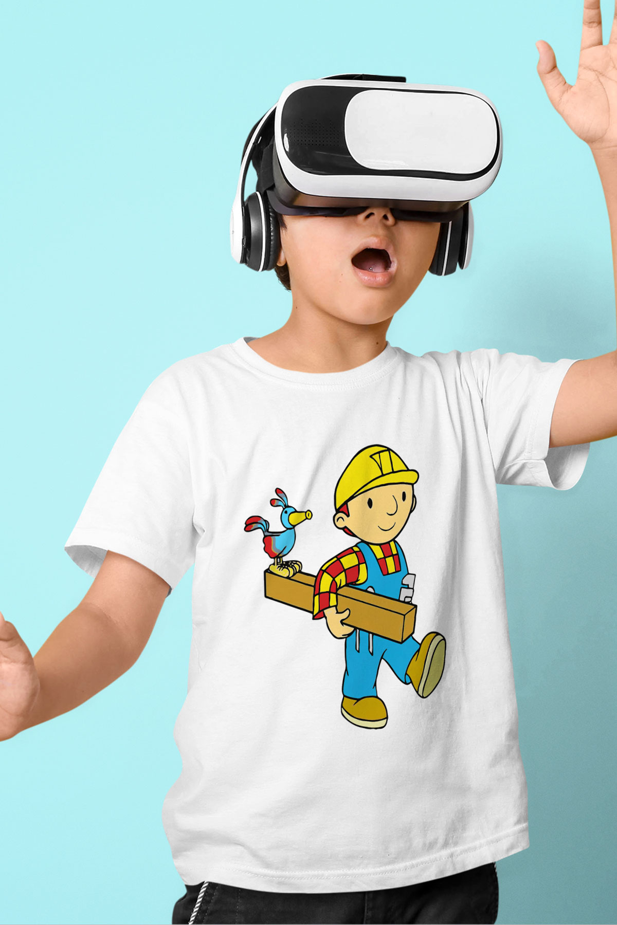 İnşaatçı Baskılı Beyaz Unisex Çocuk Tişört