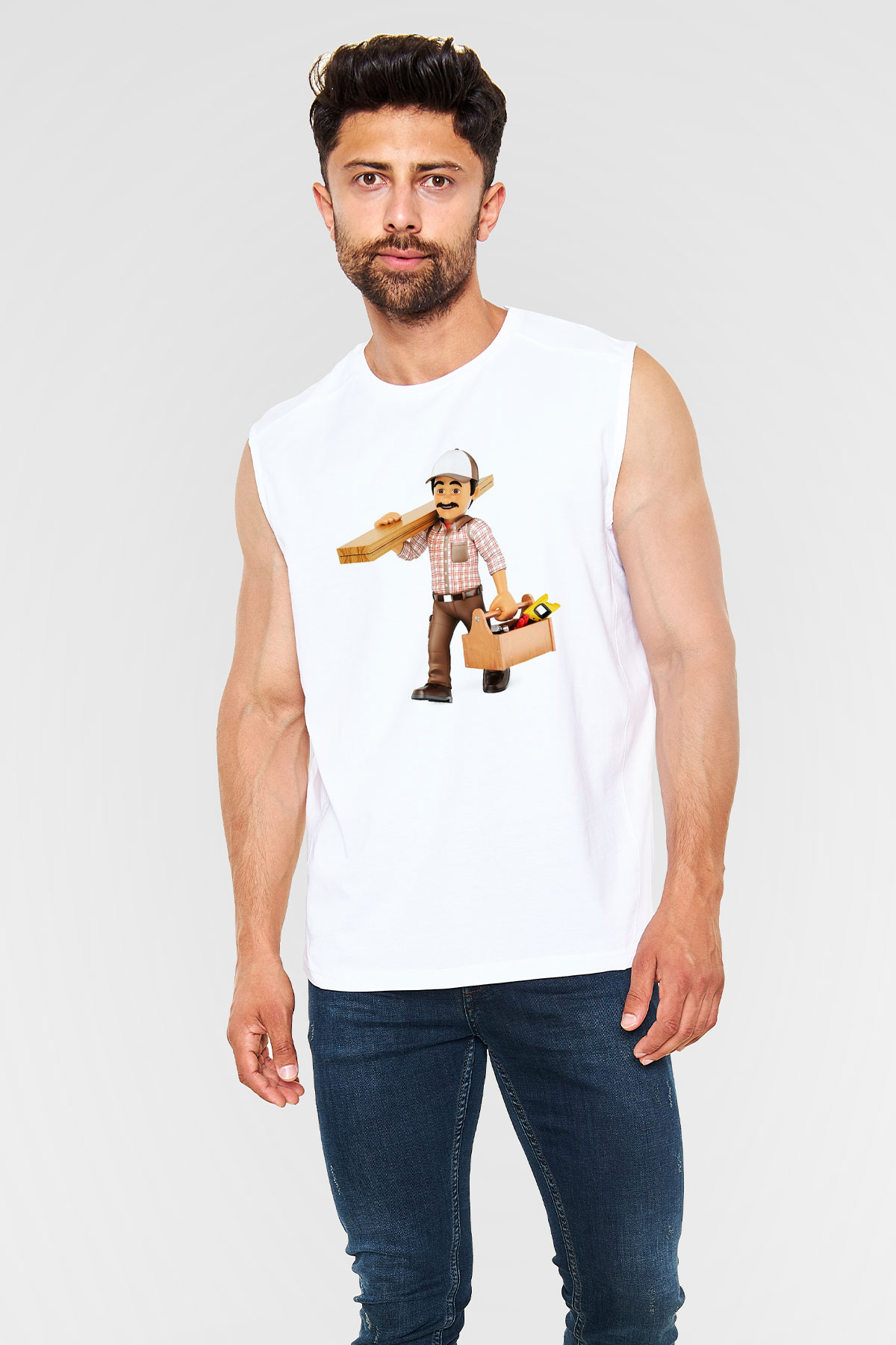 İnşaatçı Beyaz Unisex Kolsuz Tişört