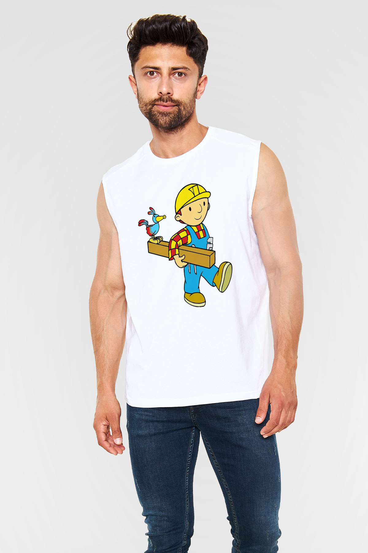 İnşaatçı Beyaz Unisex Kolsuz Tişört