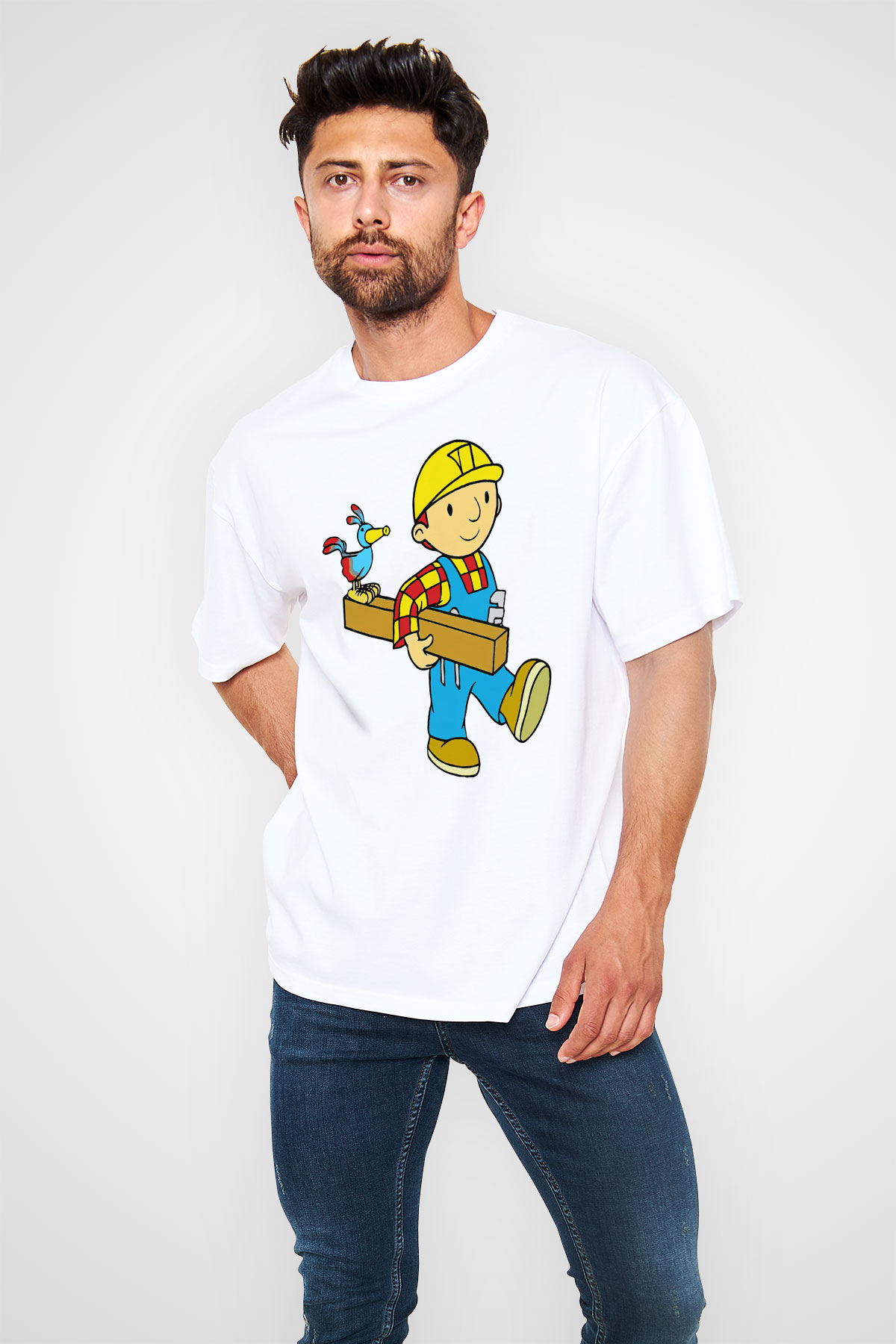 İnşaatçı Beyaz Unisex Oversize Tişört T-Shirt