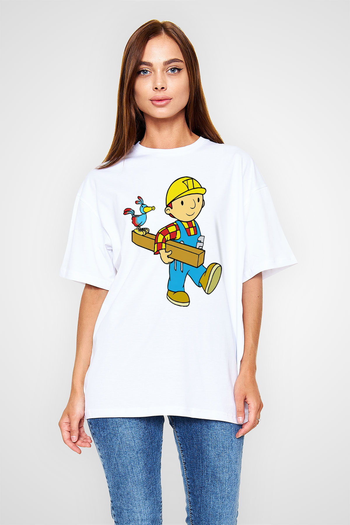 İnşaatçı Beyaz Unisex Oversize Tişört T-Shirt
