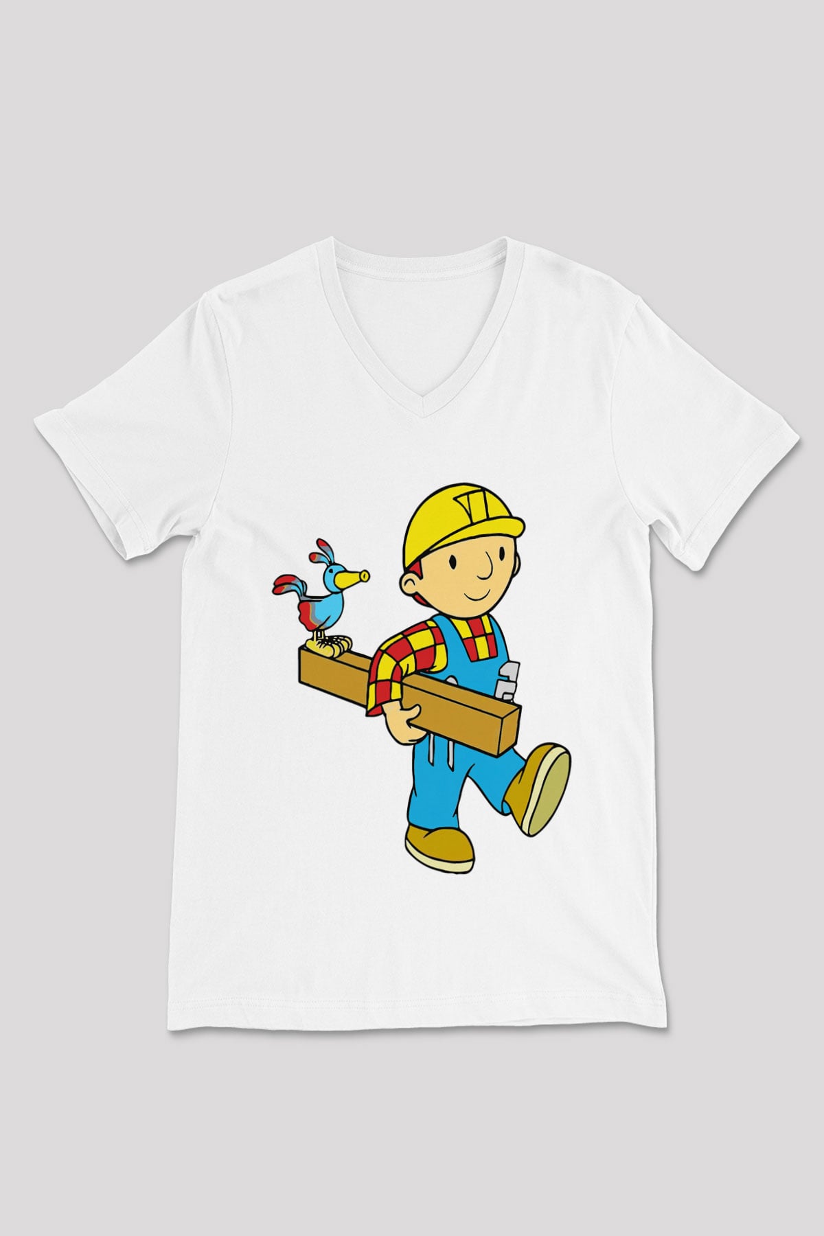 İnşaatçı Beyaz Unisex V Yaka Tişört T-Shirt