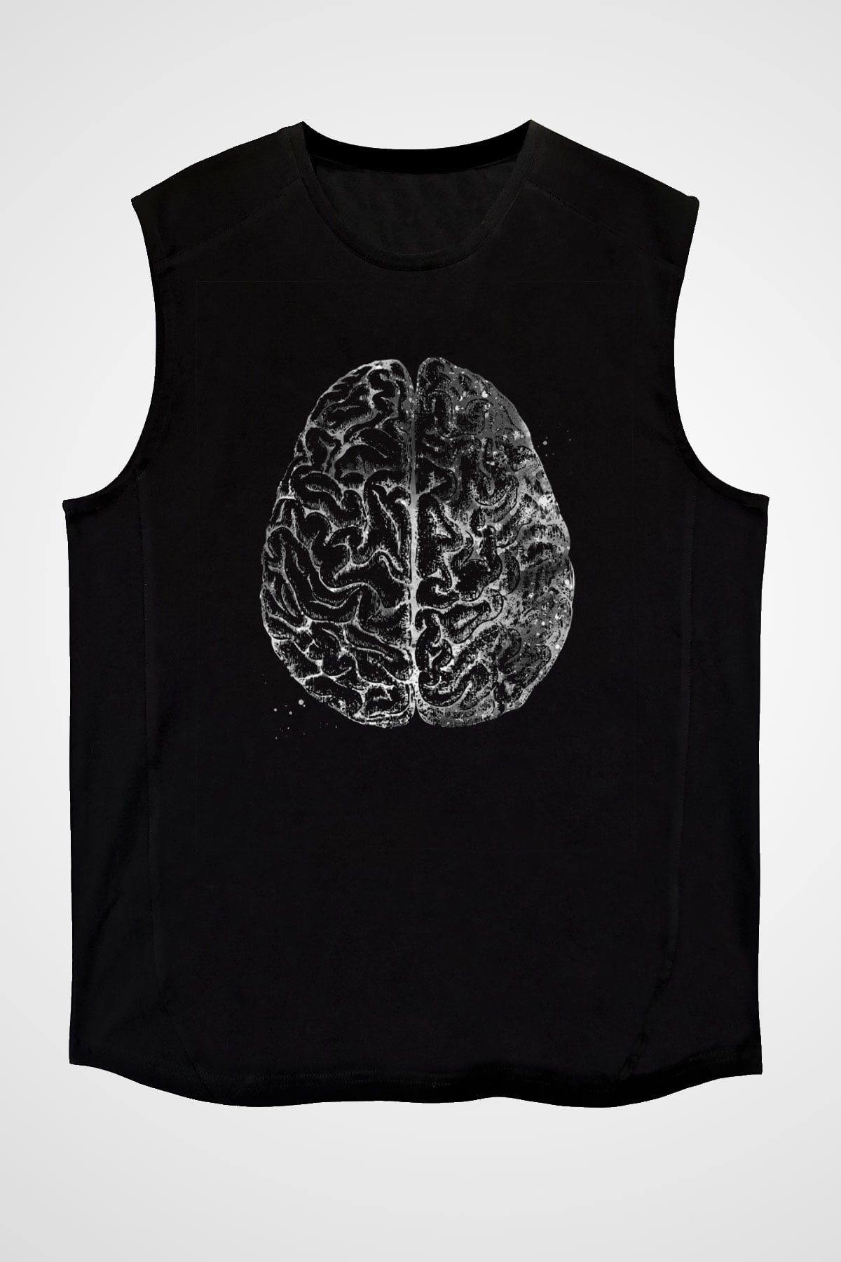 İnsan Beyni Baskılı Unisex Kolsuz Siyah Tişört - Tshirt