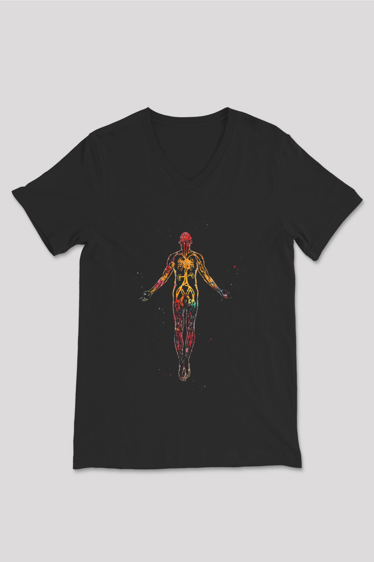İnsan Damar Yapısı Renkli Baskılı Unisex V Yaka Siyah Tİşört - Tshirt