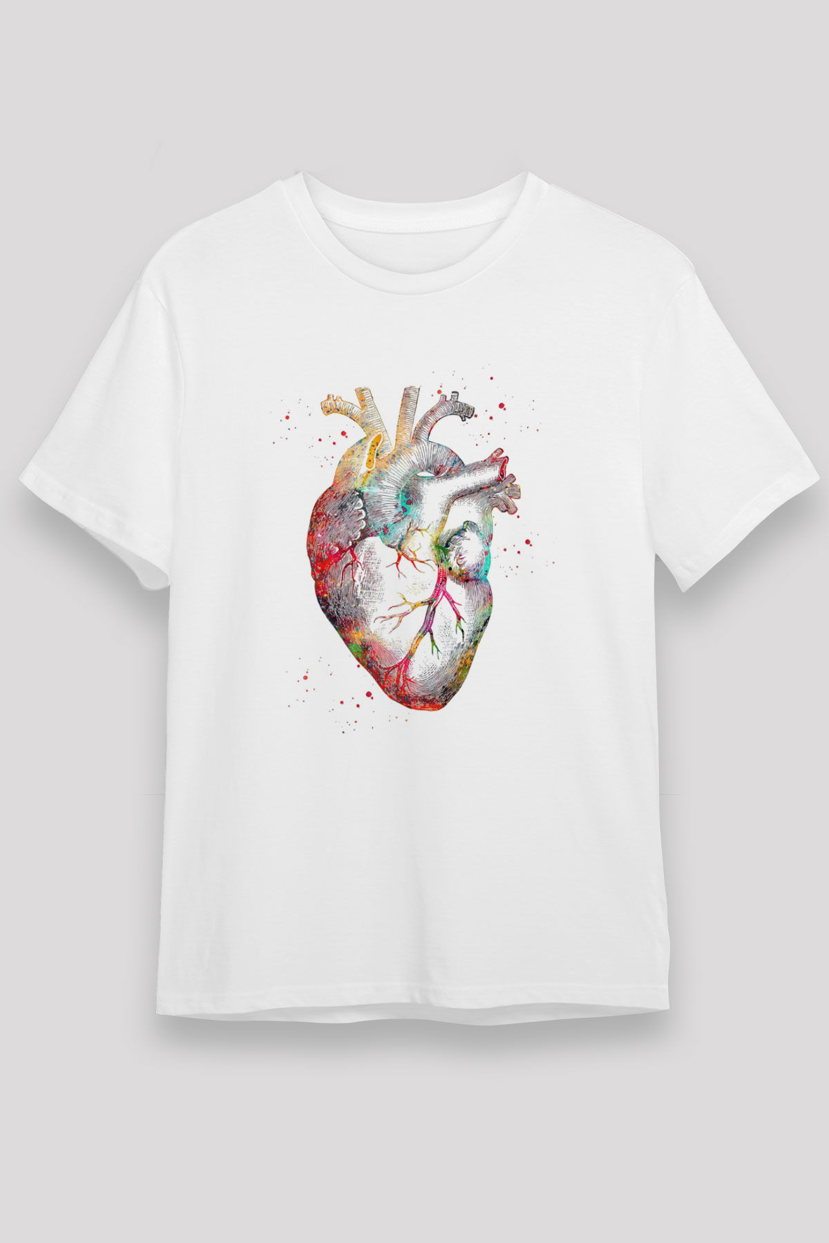 İnsan Kalbi Renkli Baskılı Unisex Beyaz Tişört - Tshirt