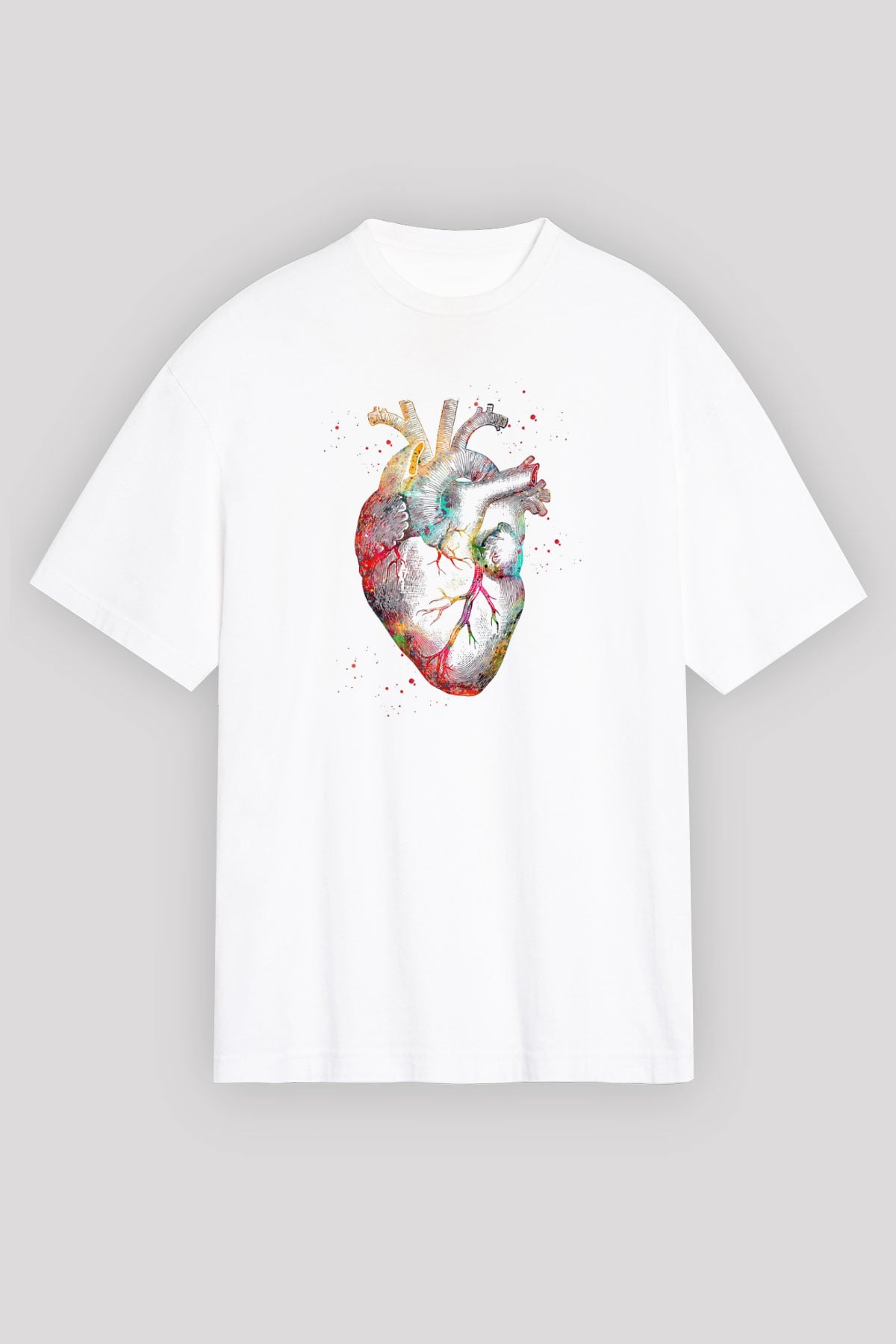İnsan Kalbi Renkli Baskılı Unisex Oversize Beyaz Tişört - Tshirt
