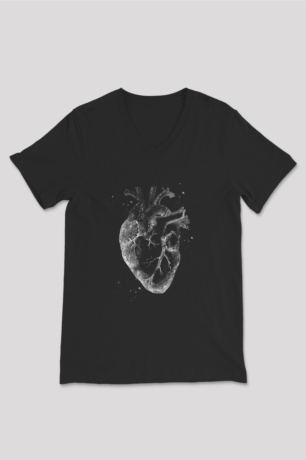 İnsan Kalbi Renkli Baskılı Unisex V Yaka Siyah Tİşört - Tshirt