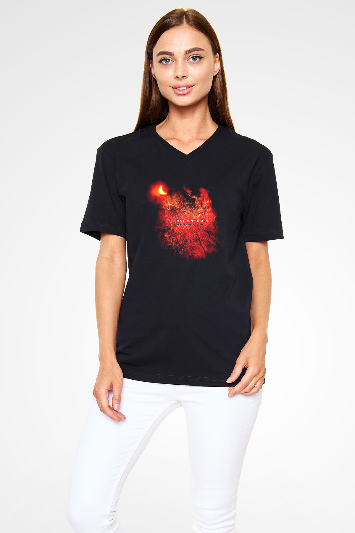 Insomnium Baskılı Unisex Siyah V Yaka Tişört - Tshirt