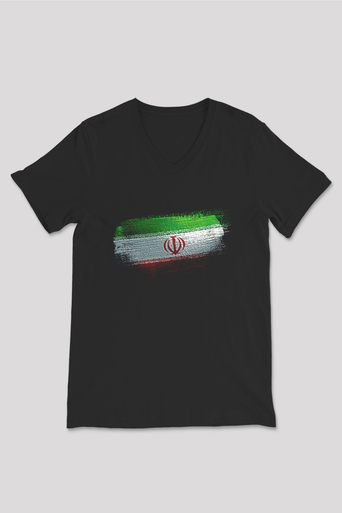 İran Bayrağı Baskılı Unisex Siyah V Yaka Tişört