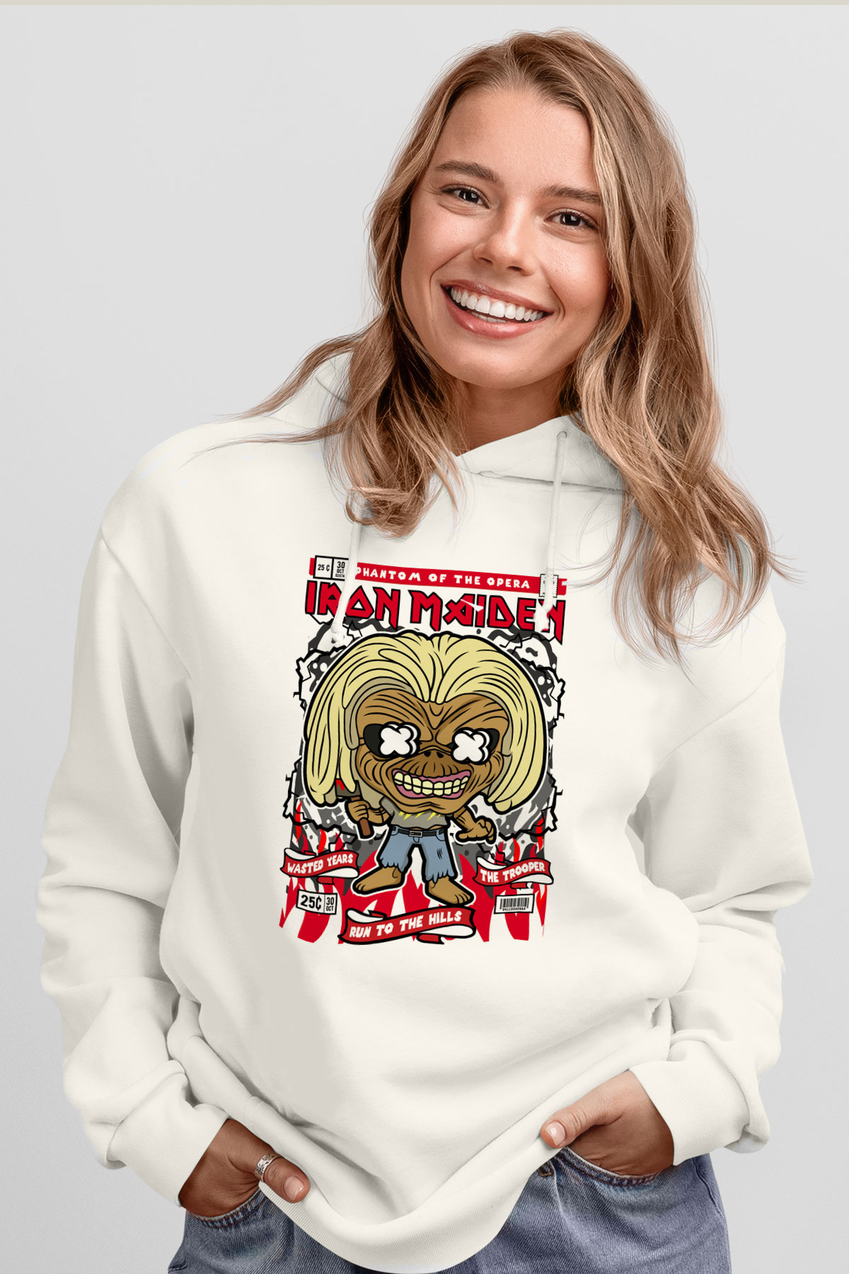 Iron Maiden Baskılı Unisex Beyaz Hoodie