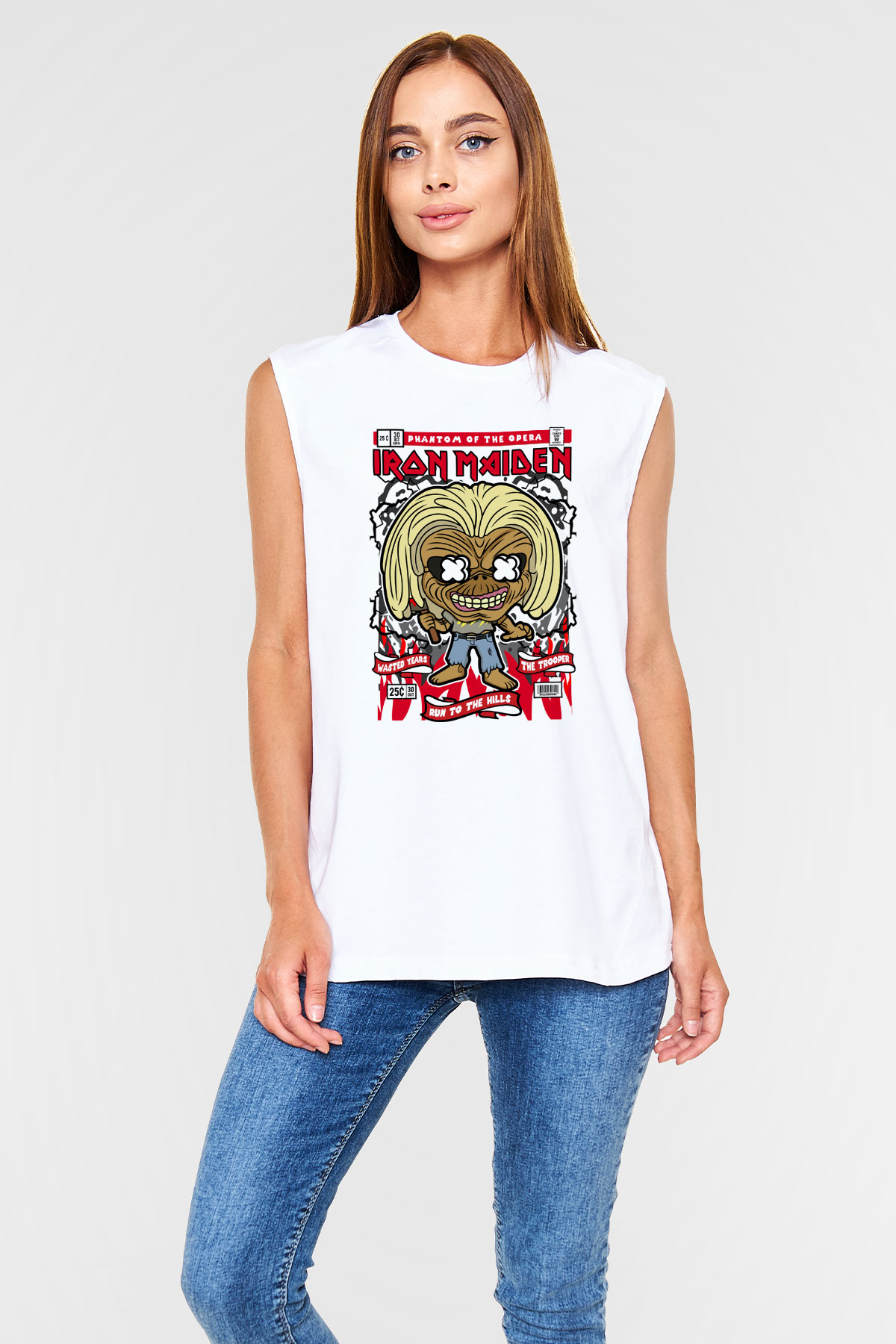 Iron Maiden Baskılı Unisex Beyaz Kolsuz Tişört