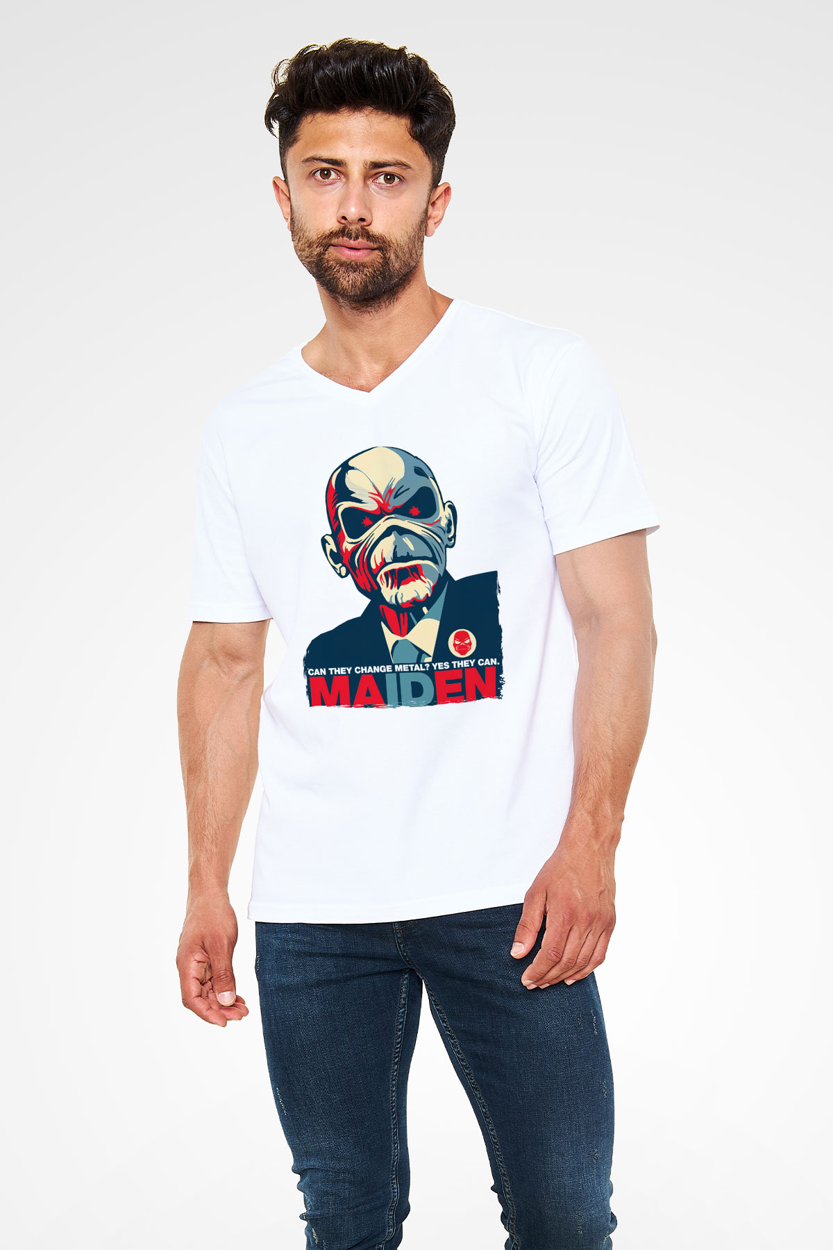 Iron Maiden Beyaz Unisex V Yaka Tişört