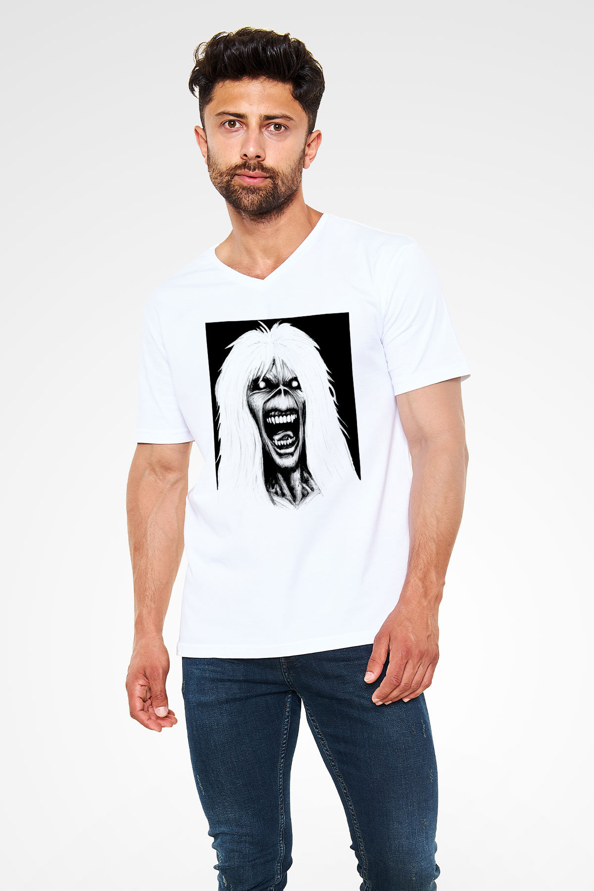 Iron Maiden Beyaz Unisex V Yaka Tişört T-Shirt