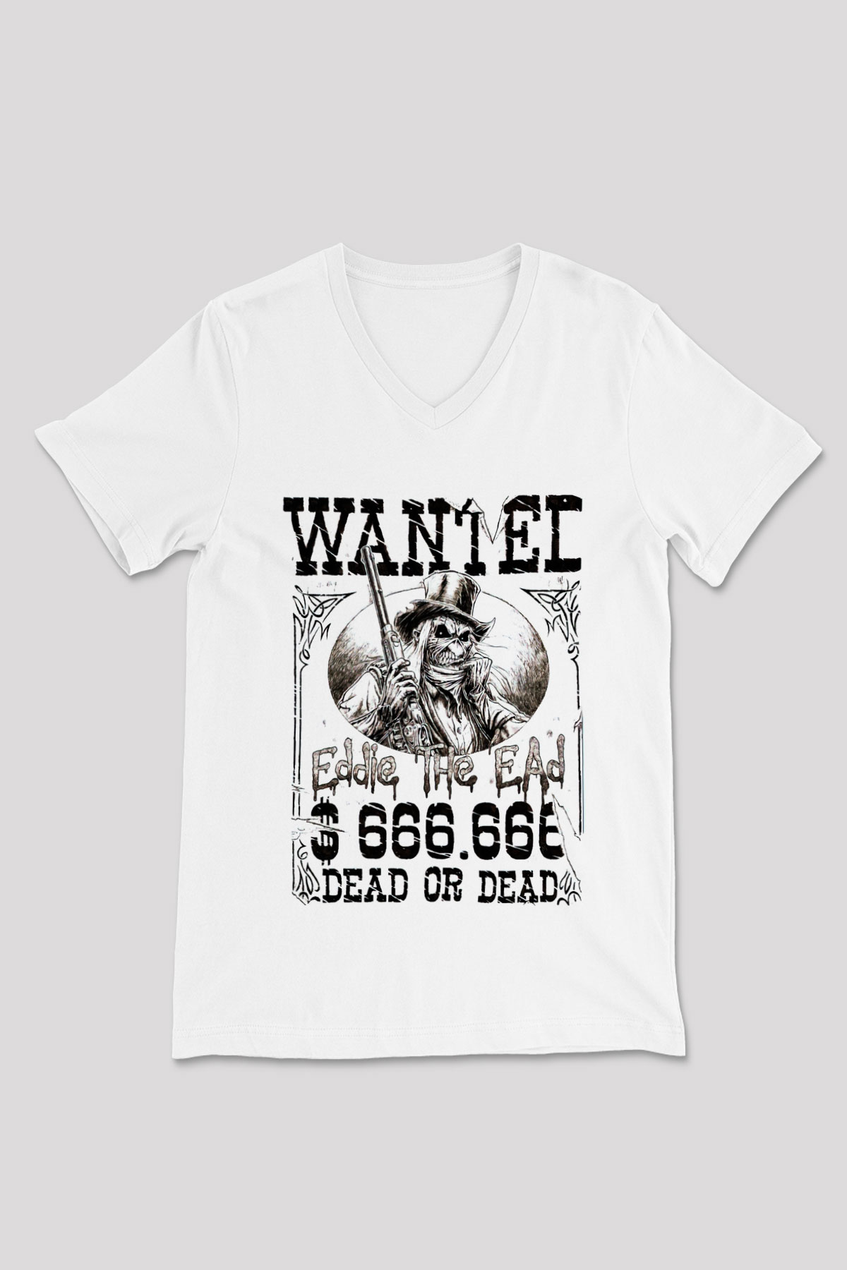 Iron Maiden Beyaz Unisex V Yaka Tişört T-Shirt