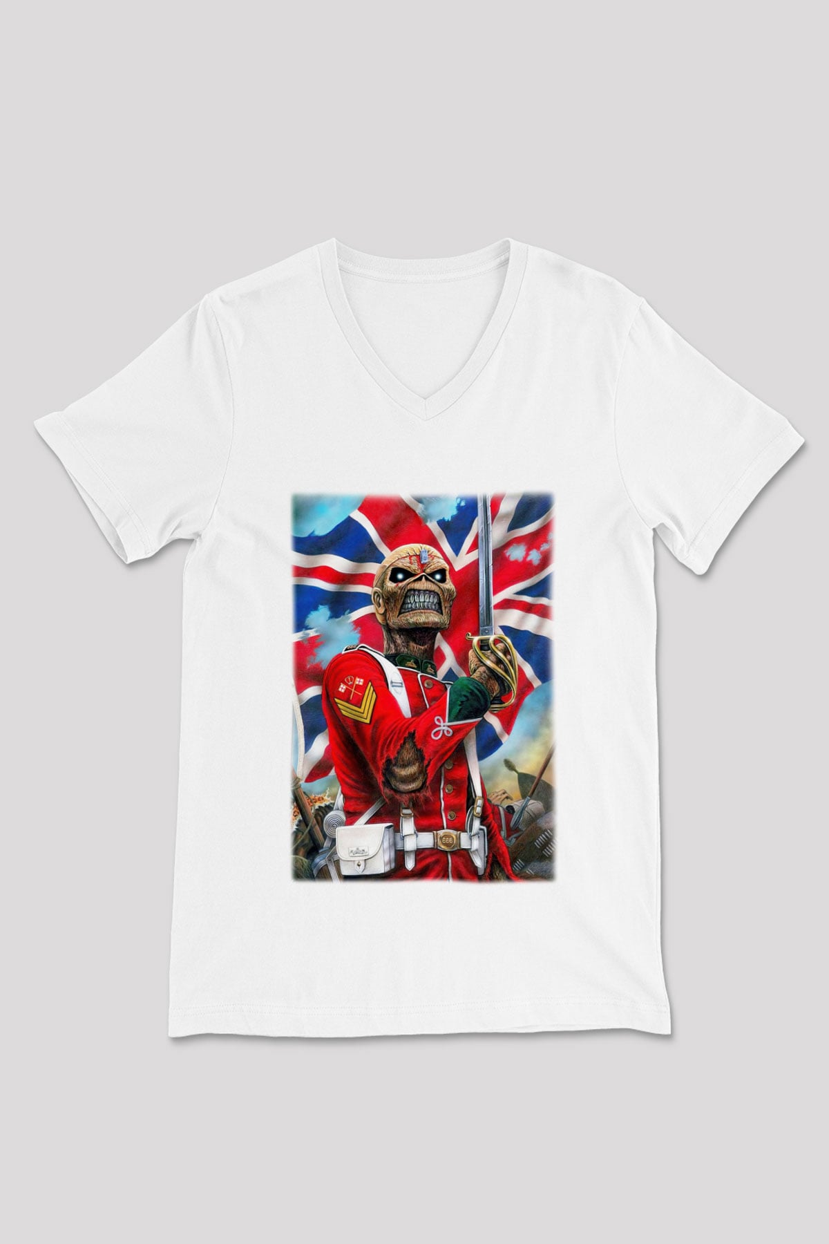 Iron Maiden Beyaz Unisex V Yaka Tişört T-Shirt