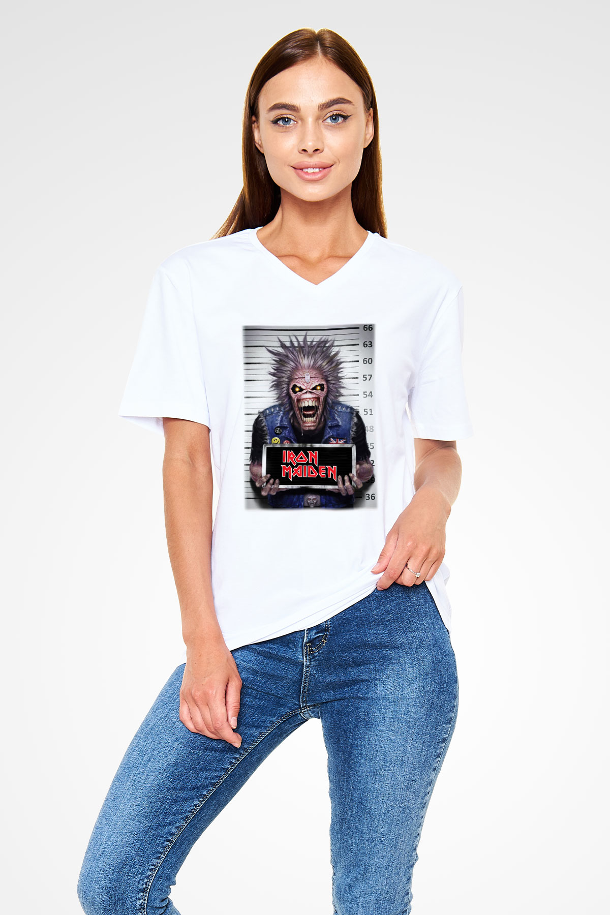 Iron Maiden Beyaz Unisex V Yaka Tişört T-Shirt
