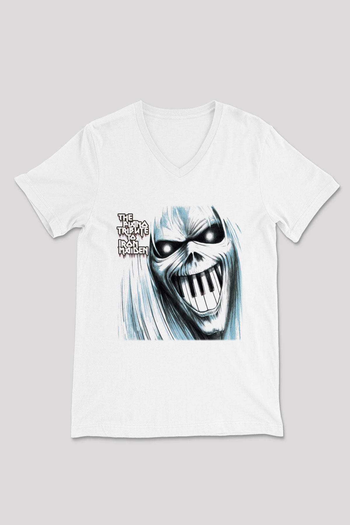 Iron Maiden Beyaz Unisex V Yaka Tişört T-Shirt