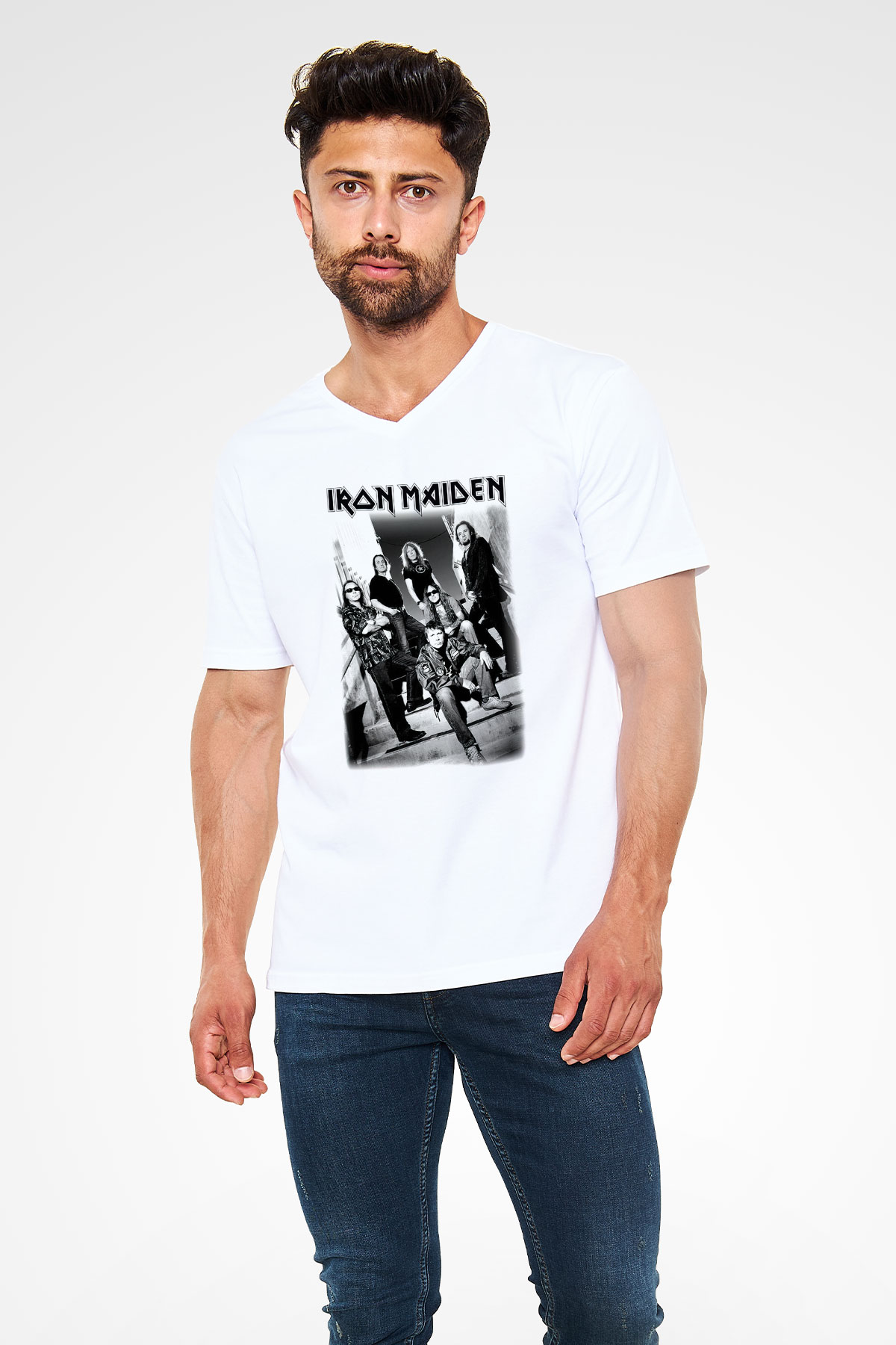 Iron Maiden Beyaz Unisex V Yaka Tişört T-Shirt