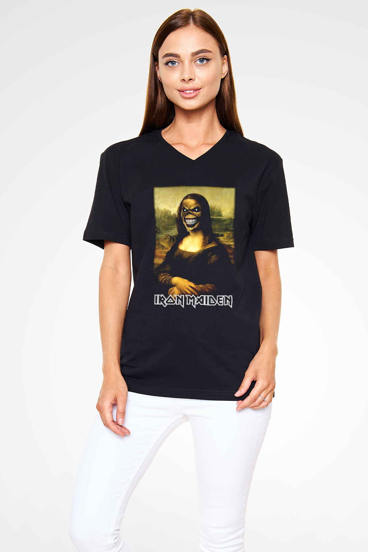 Iron Maiden Mona Lisa Eddie Siyah Unisex V Yaka Tişört T-Shirt