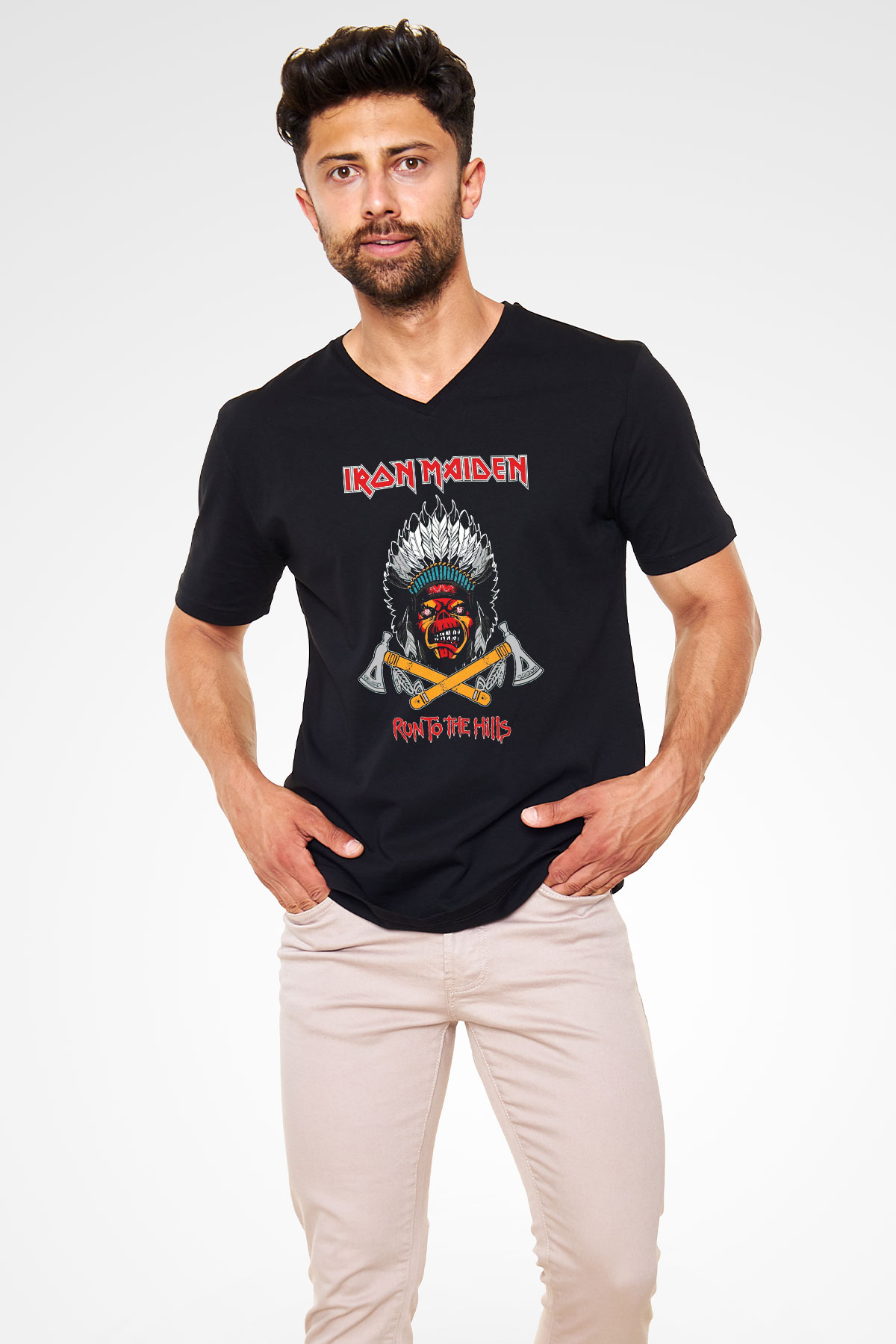 Iron Maiden Run To The Hills Siyah Unisex V Yaka Tişört T-Shirt