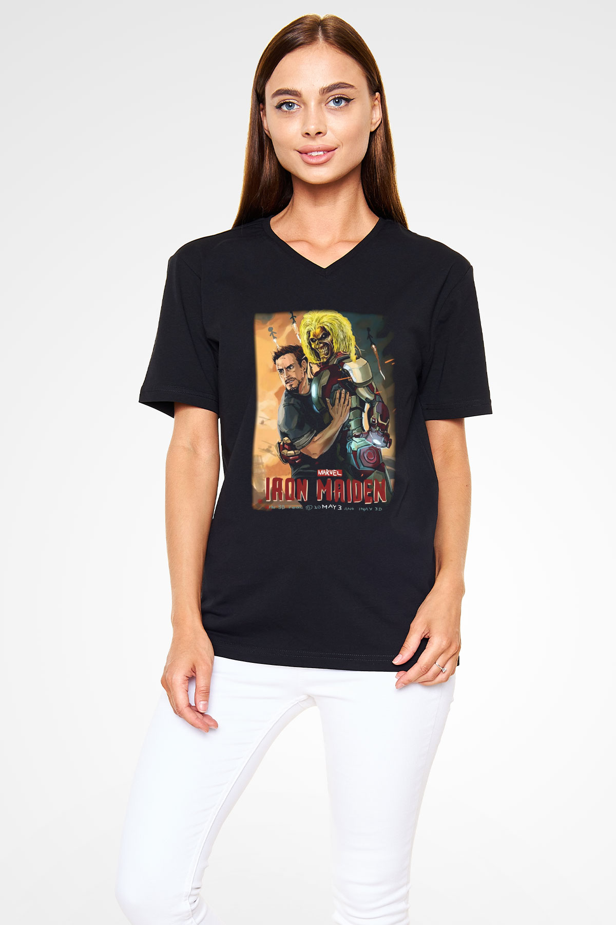 Iron Maiden Siyah Unisex V Yaka Tişört T-Shirt