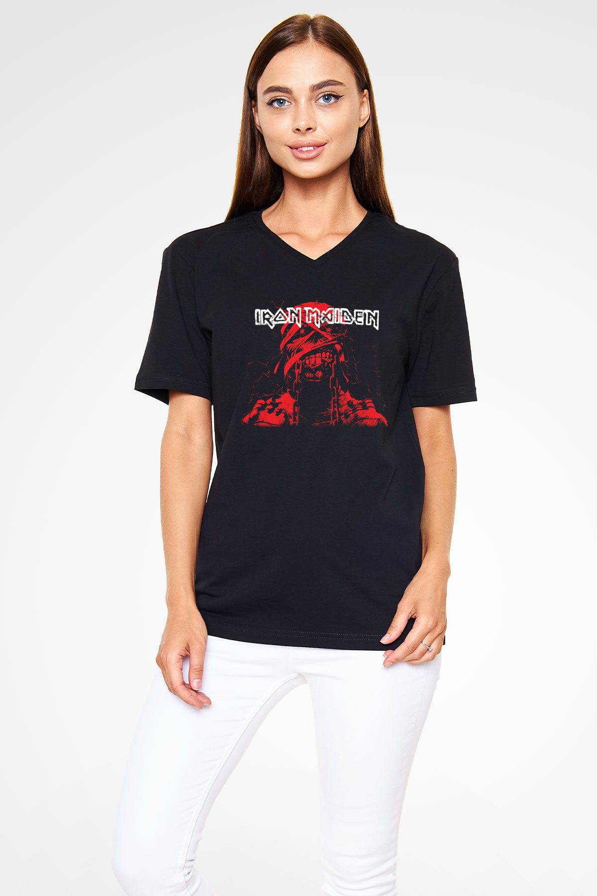 Iron Maiden Siyah Unisex V Yaka Tişört T-Shirt
