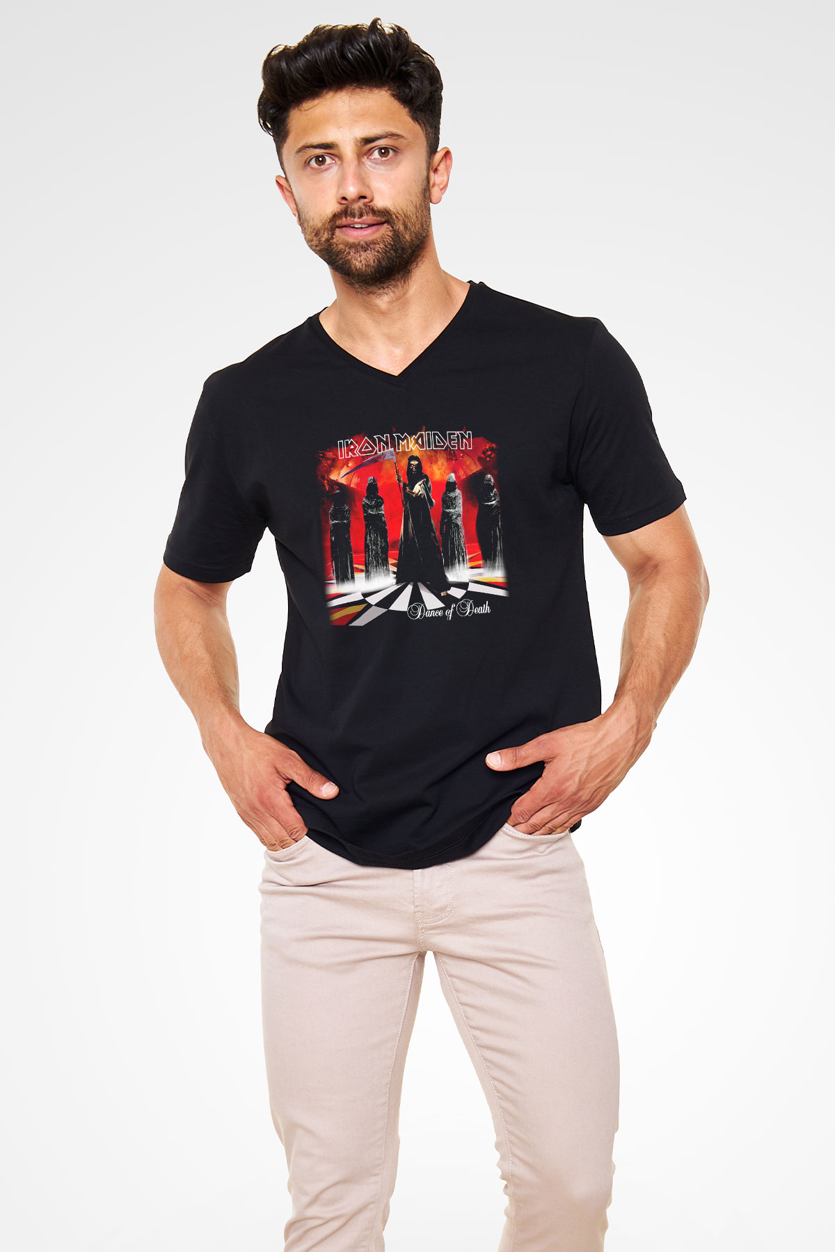 Iron Maiden Siyah Unisex V Yaka Tişört T-Shirt