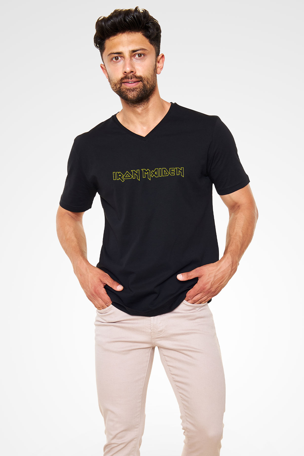 Iron Maiden Siyah Unisex V Yaka Tişört T-Shirt