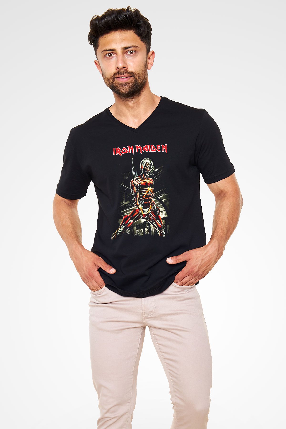 Iron Maiden Siyah Unisex V Yaka Tişört T-Shirt