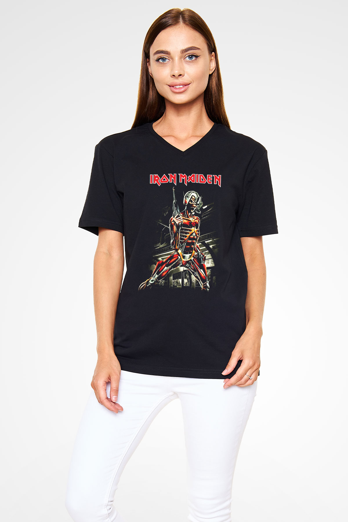 Iron Maiden Siyah Unisex V Yaka Tişört T-Shirt