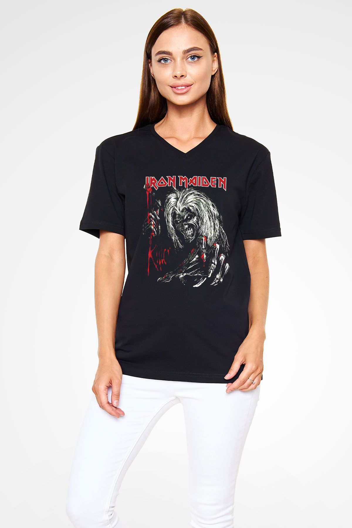 Iron Maiden Siyah Unisex V Yaka Tişört T-Shirt
