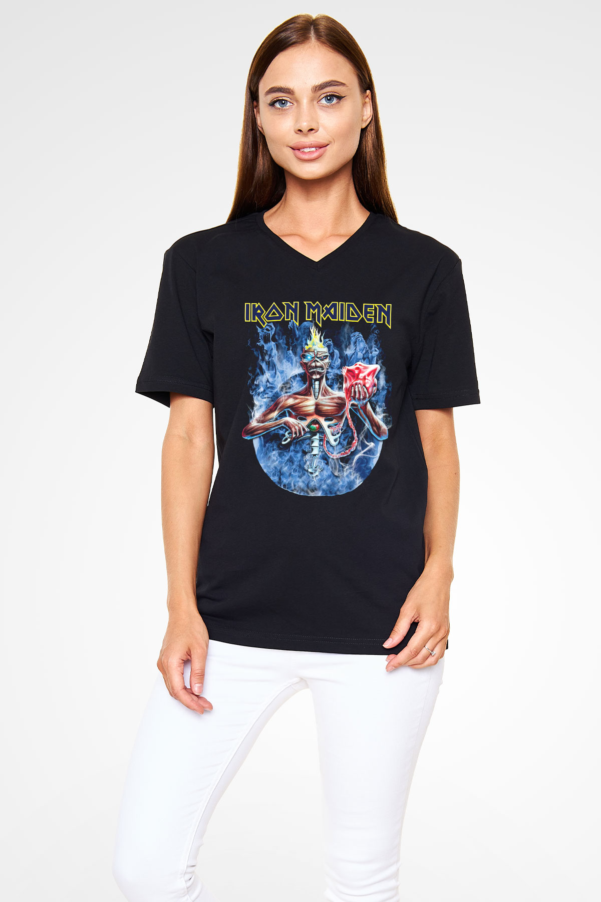 Iron Maiden Siyah Unisex V Yaka Tişört T-Shirt