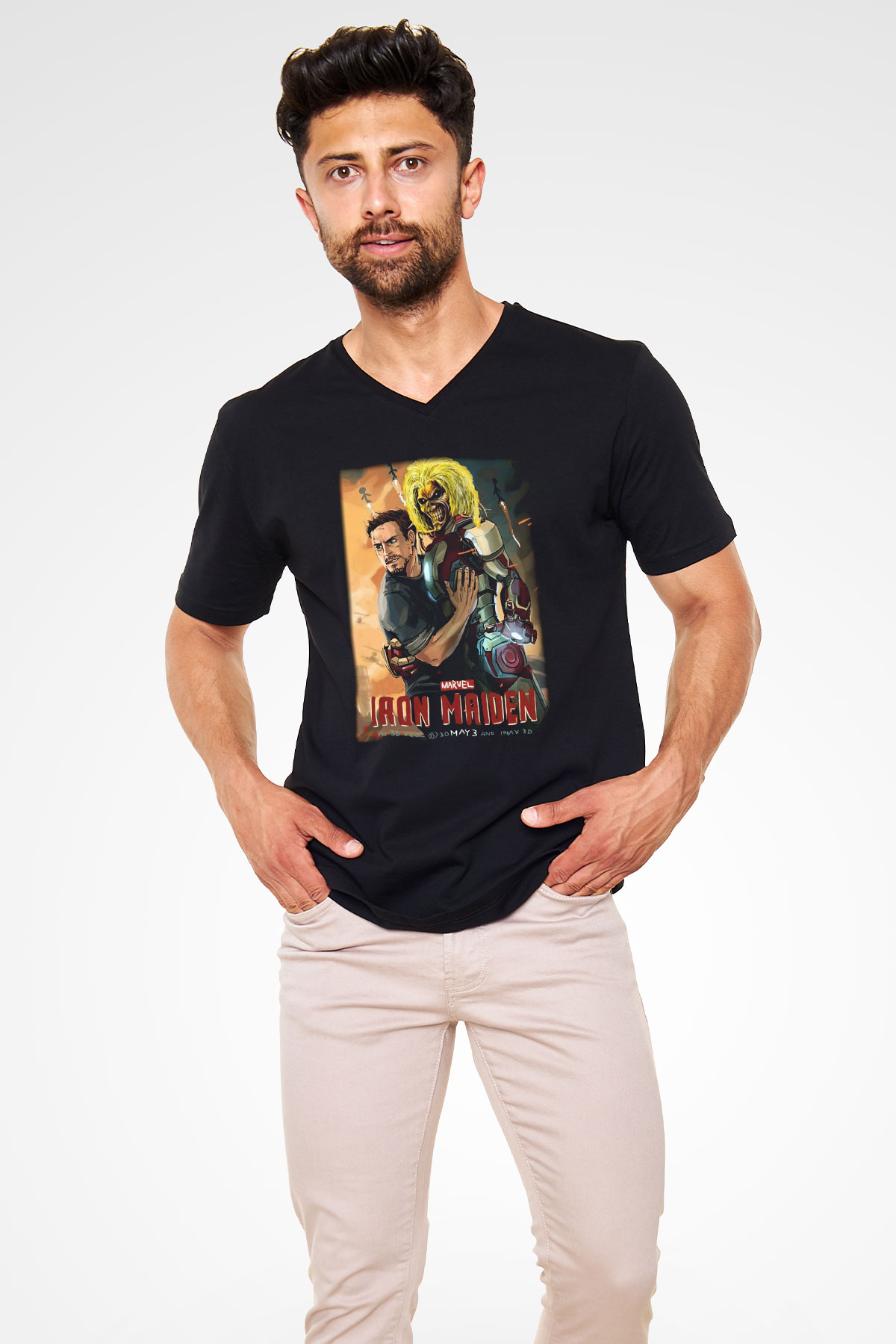 Iron Maiden Siyah Unisex V Yaka Tişört T-Shirt