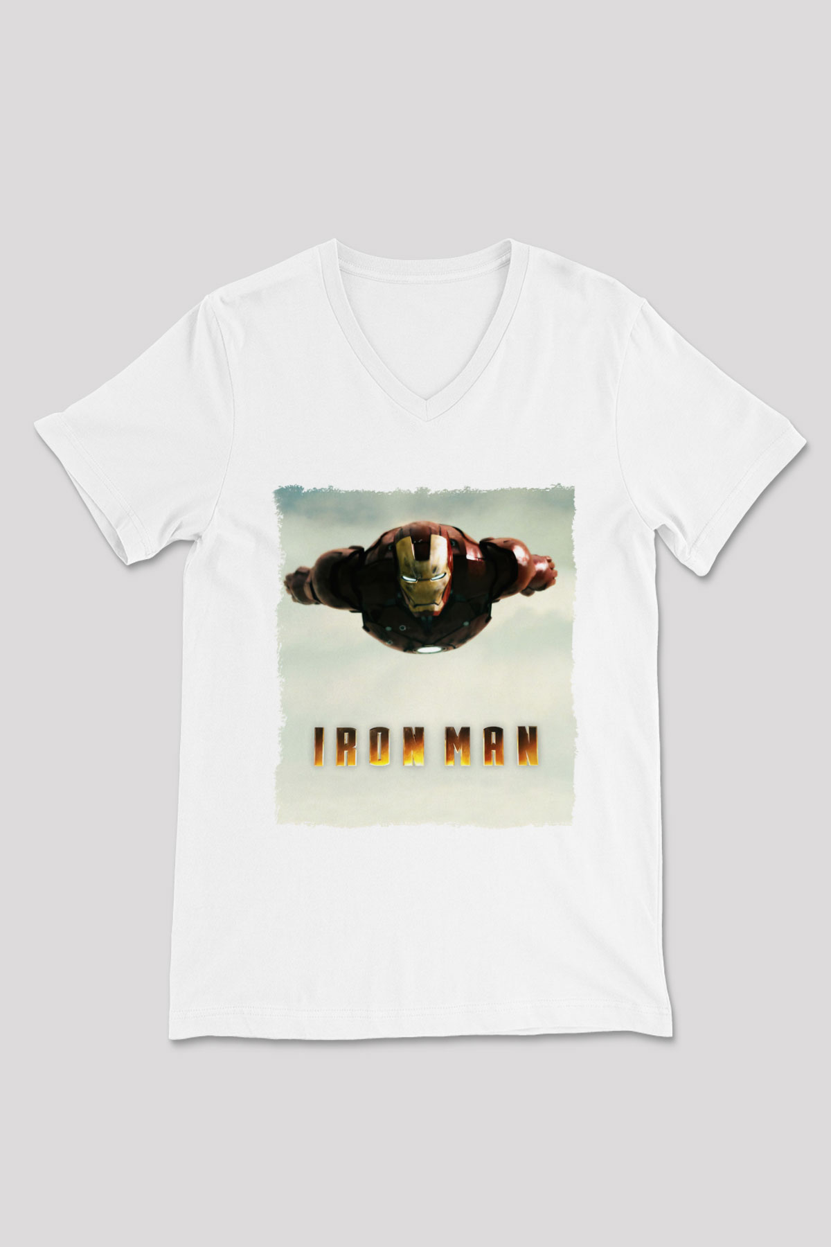Iron Man Beyaz Unisex V Yaka Tişört