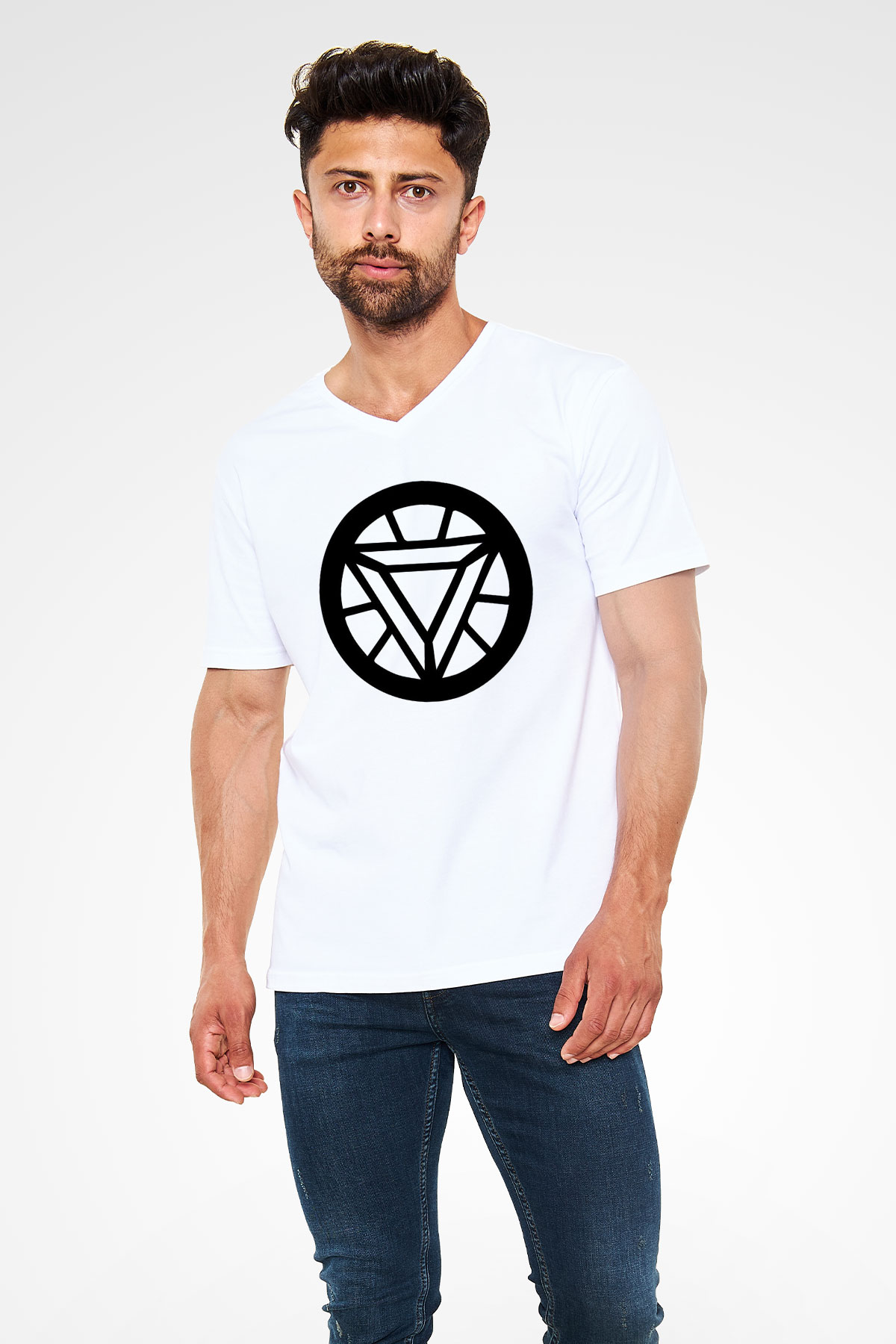 Iron Man Beyaz Unisex V Yaka Tişört T-Shirt