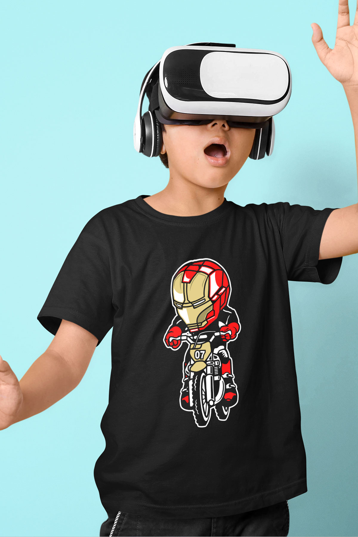 Iron Man Biker Baskılı Unisex Siyah Çocuk Tişört