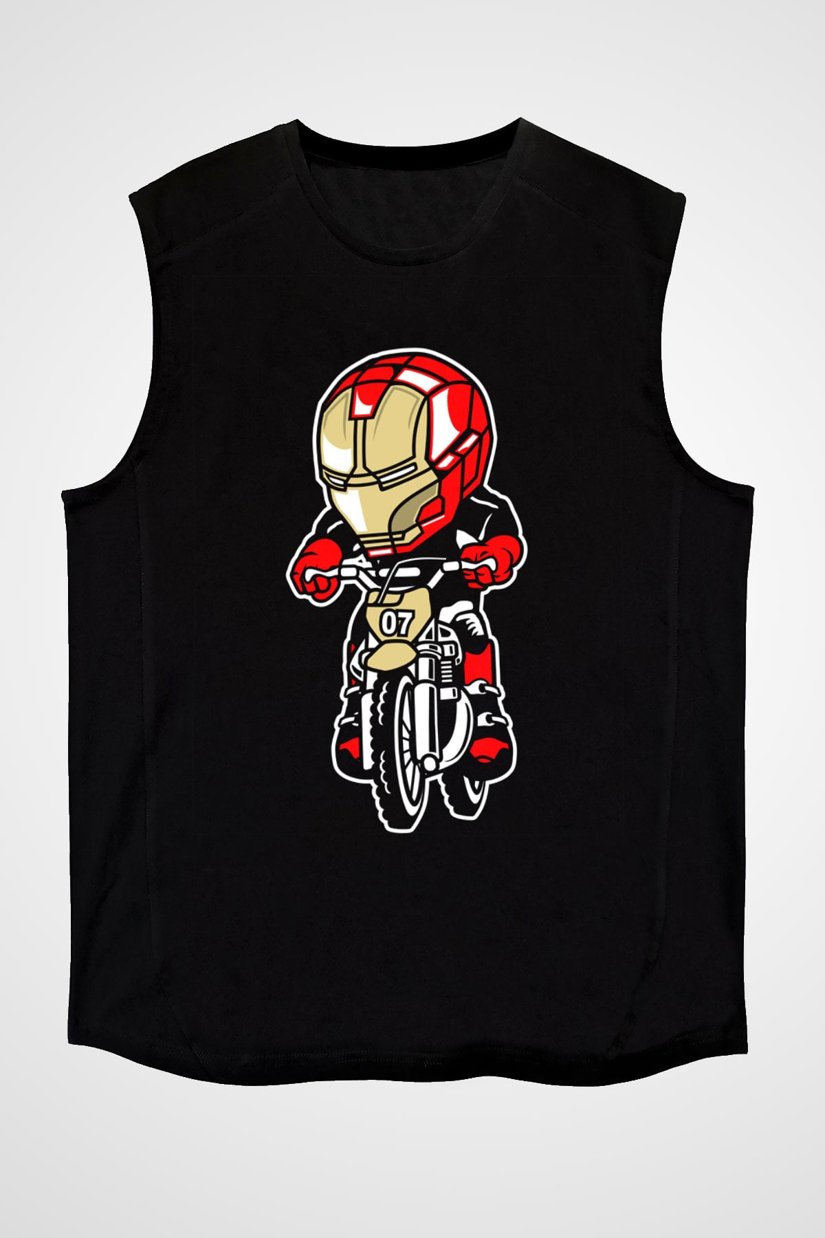 Iron Man Biker Baskılı Unisex Siyah Kolsuz Tişört
