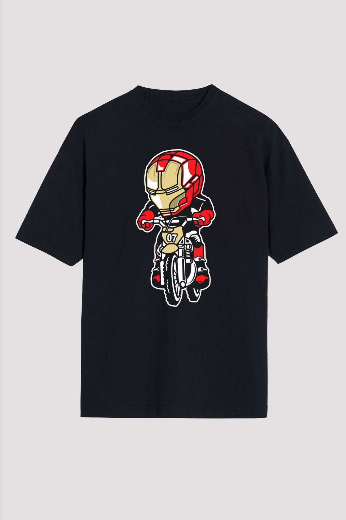 Iron Man Biker Baskılı Unisex Siyah Oversize Tişört