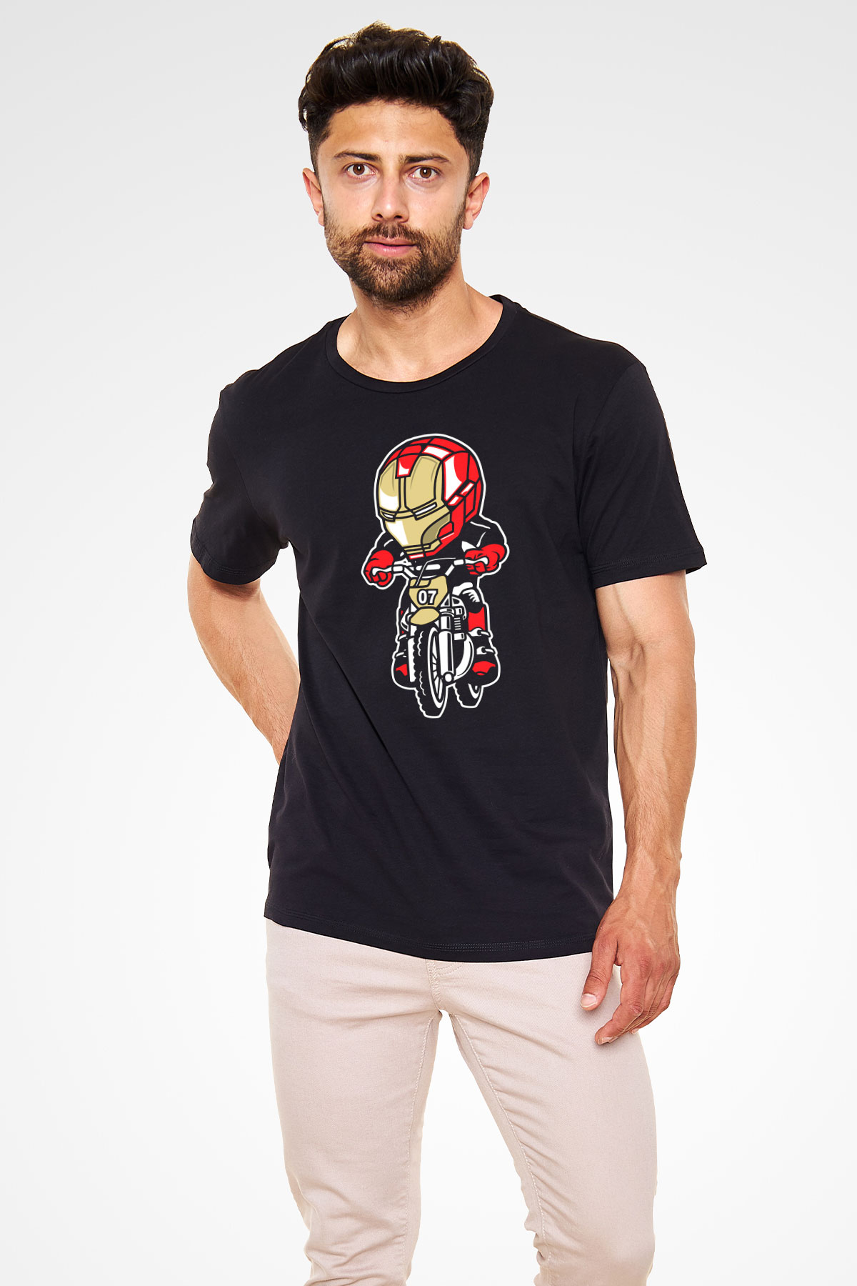 Iron Man Biker Baskılı Unisex Siyah Tişört