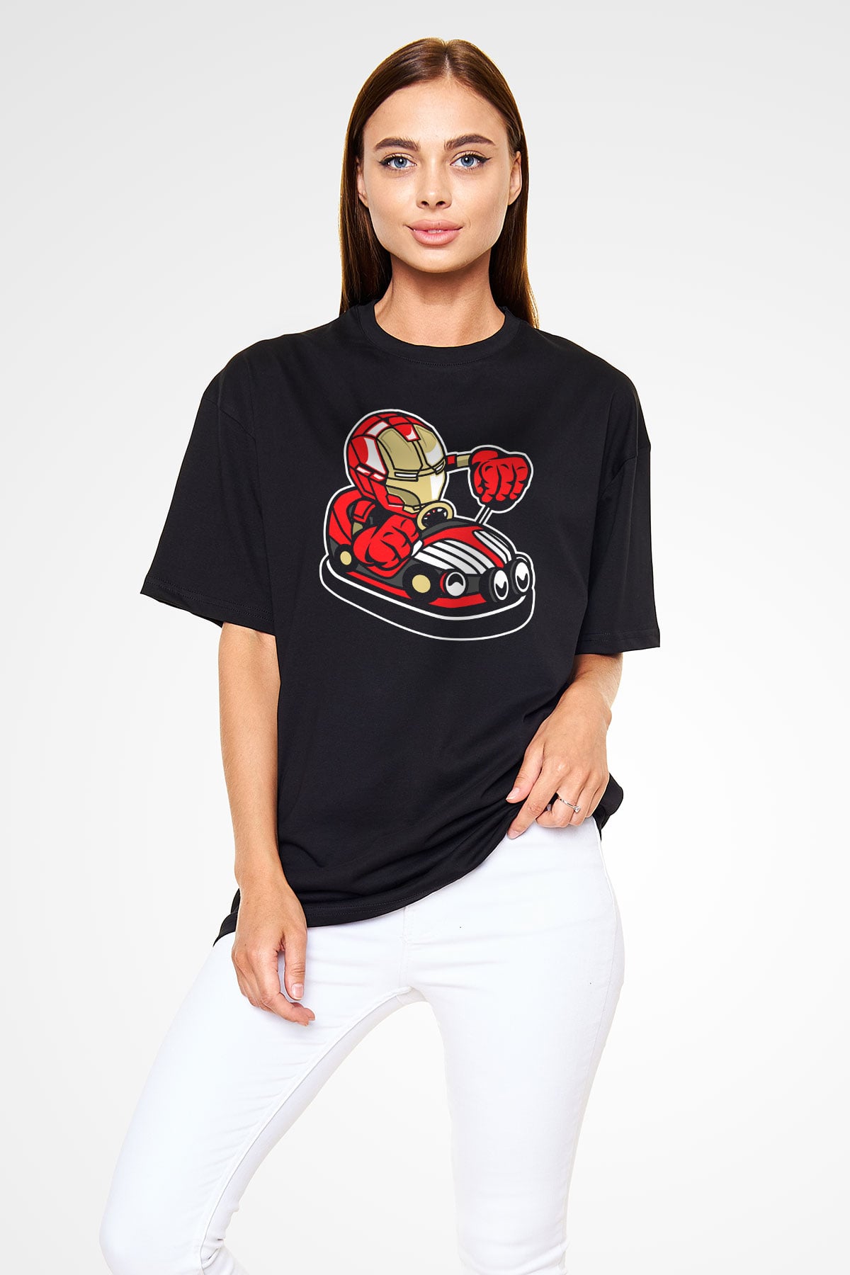Iron Man Car Toy Baskılı Unisex Siyah Oversize Tişört