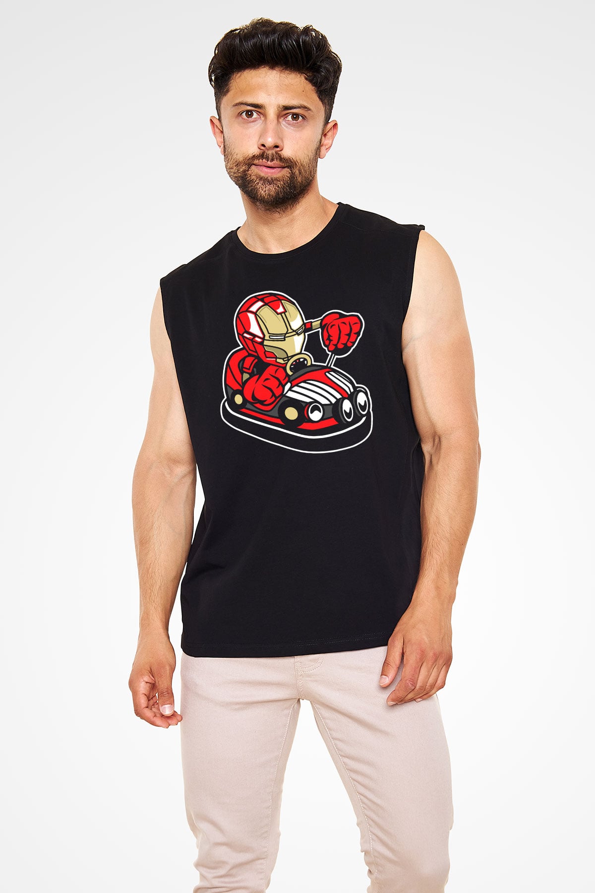 Iron Man Car Toy Baskılı Unisex Siyah Kolsuz Tişört