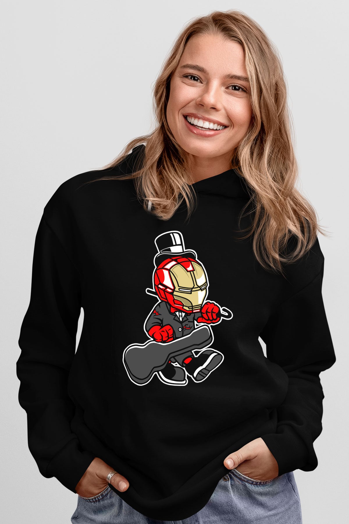 Iron Man Gentleman Baskılı Unisex Siyah Hoodie