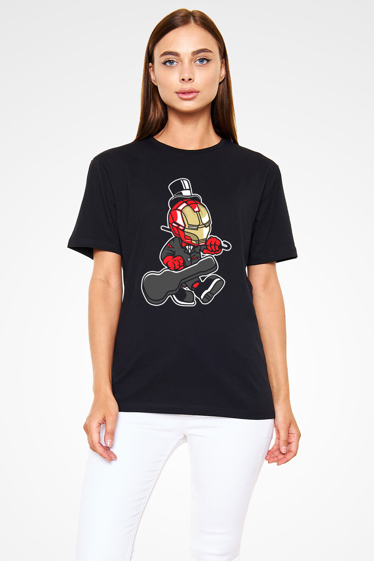Iron Man Gentleman Baskılı Unisex Siyah Tişört
