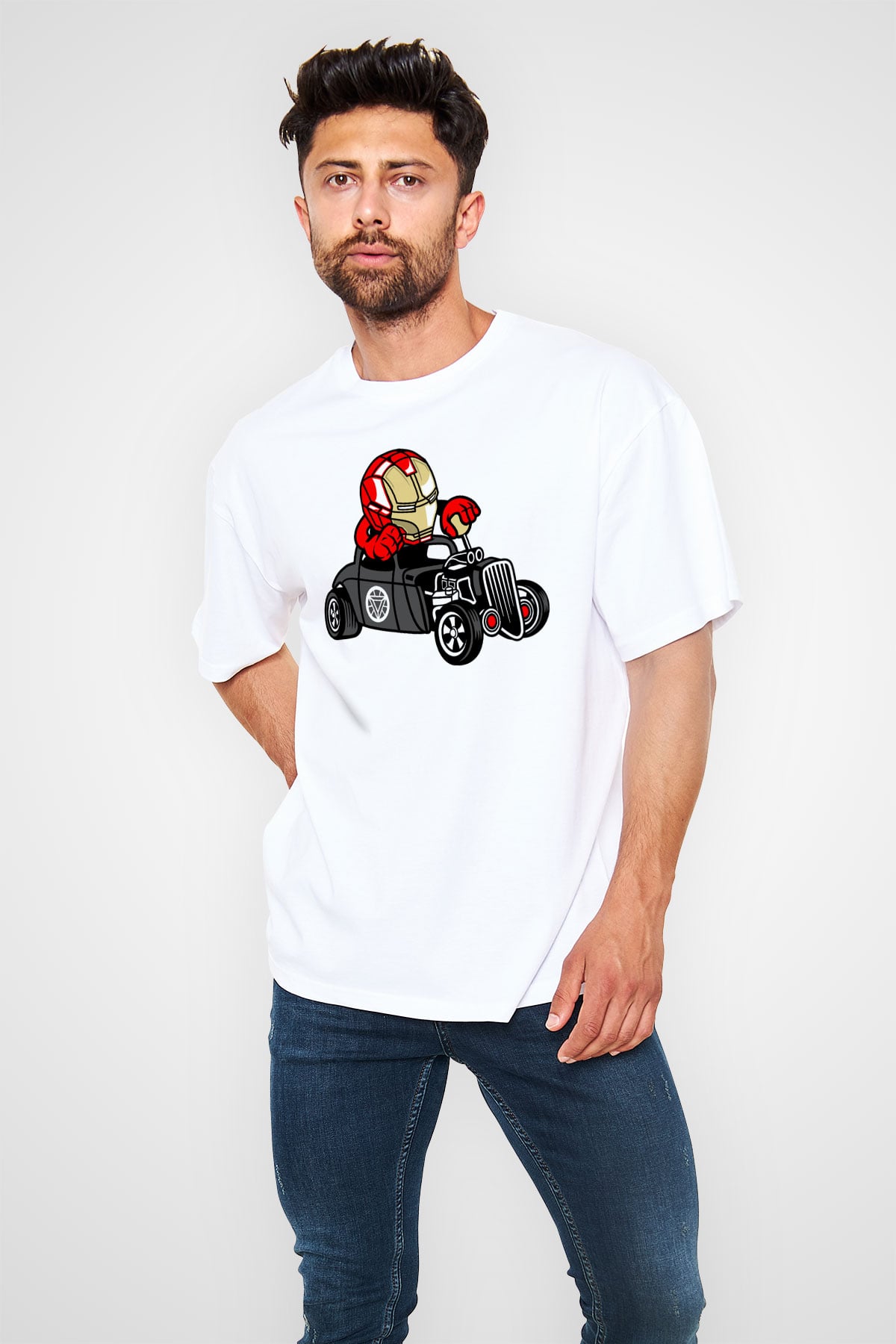 Iron Man Hotrod Baskılı Unisex Beyaz Oversize Tişört